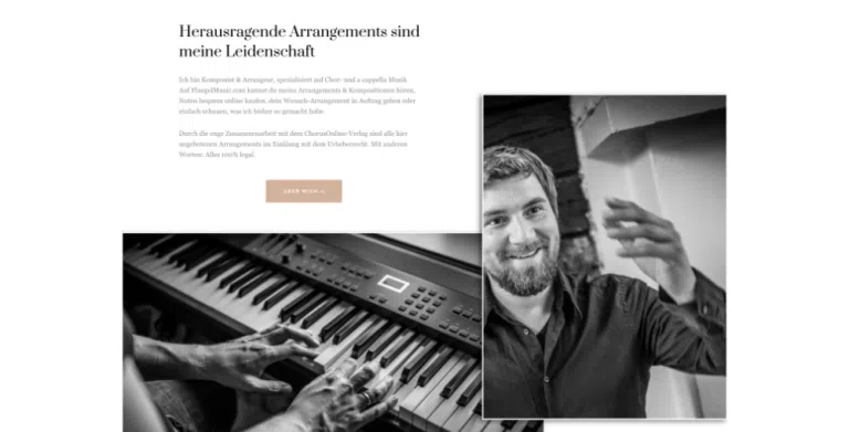Beispiel-Webdesign Künstler: Komponist und Arrangeur im Portrait mit Über-mich-Bereich
