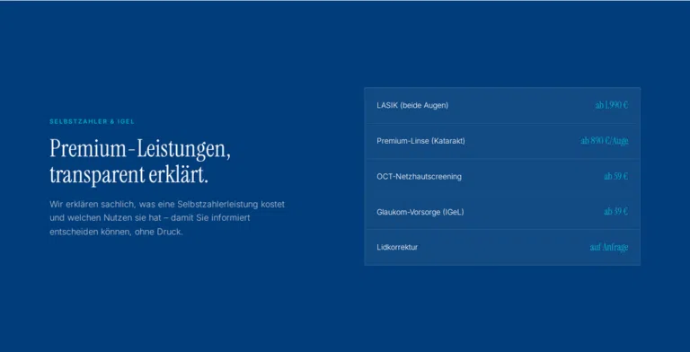 Beispiel-Webdesign: Selbstzahler- und IGeL-Leistungen einer Augenarztpraxis mit transparenten Preisen