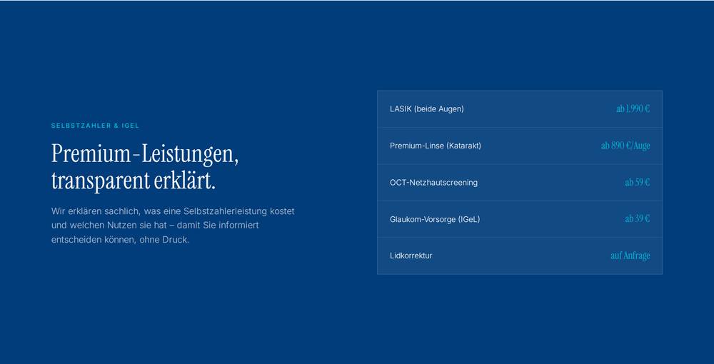 Beispiel-Webdesign: Selbstzahler- und IGeL-Leistungen einer Augenarztpraxis mit transparenten Preisen