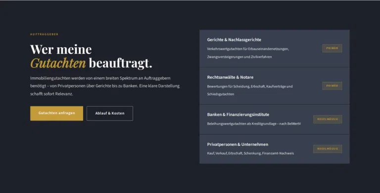 Beispiel-Webdesign Auftraggeber: Gerichte, Notare, Banken und Privatpersonen als Auftraggeber einer Immobiliengutachterin