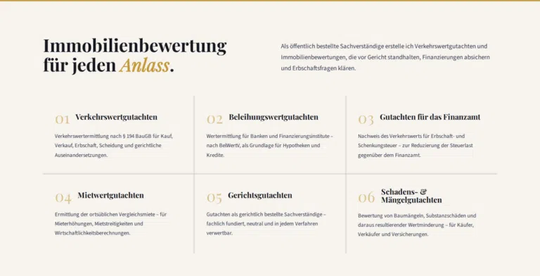 Beispiel-Webdesign Leistungsübersicht: Immobilienbewertungen für Gerichte, Banken und Privatpersonen