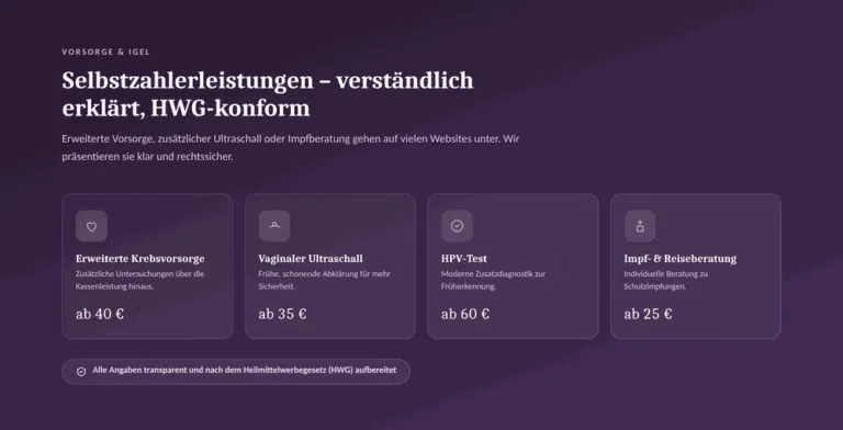 Beispiel-Webdesign Vorsorge-IGeL: HWG-konforme Selbstzahlerleistungen einer frauenärztlichen Praxis in Frankfurt