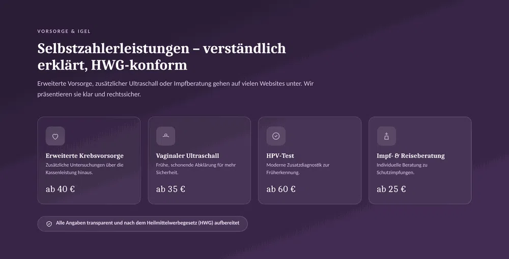 Beispiel-Webdesign Vorsorge-IGeL: HWG-konforme Selbstzahlerleistungen einer frauenärztlichen Praxis in Frankfurt