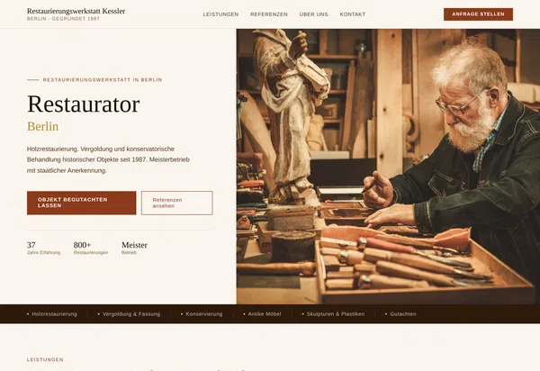Komplette Webdesign-Startseite für eine Restaurierungswerkstatt in Berlin