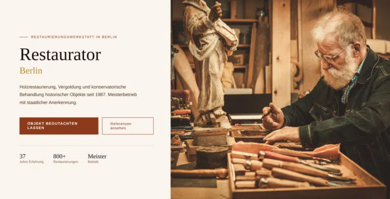 Webdesign Handwerker Berlin – Hero-Bereich mit Restaurator und Leistungsübersicht
