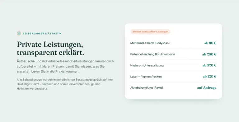 Beispiel-Webdesign: Selbstzahler- und Ästhetikleistungen einer Hautarztpraxis mit transparenten Preisen