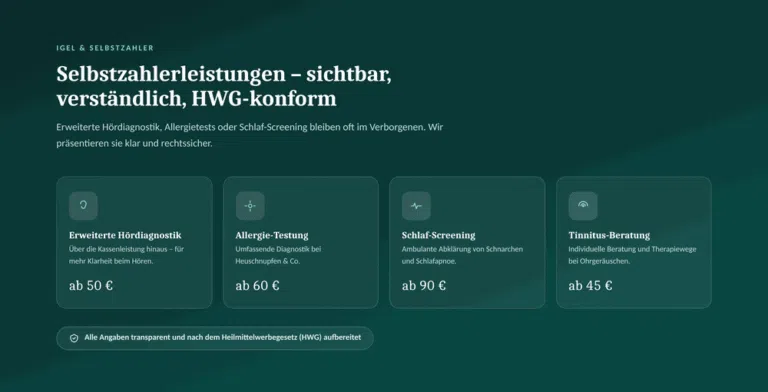 Beispiel-Webdesign IGeL-Leistungen: HWG-konforme Selbstzahlerleistungen einer HNO-Praxis in Hannover