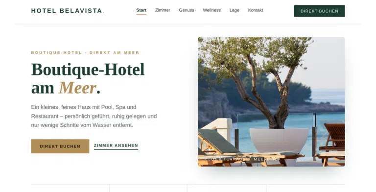 Beispiel-Webdesign Hero: Boutique-Hotel mit Pool und Meerblick