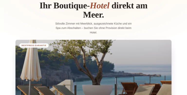 Beispiel-Webdesign Hero: Boutique-Hotel am Meer mit direkter Buchung