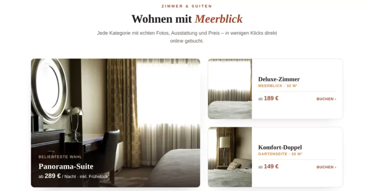 Beispiel-Webdesign Zimmer: Hotel-Suiten und Zimmer mit Preisen und Direktbuchung