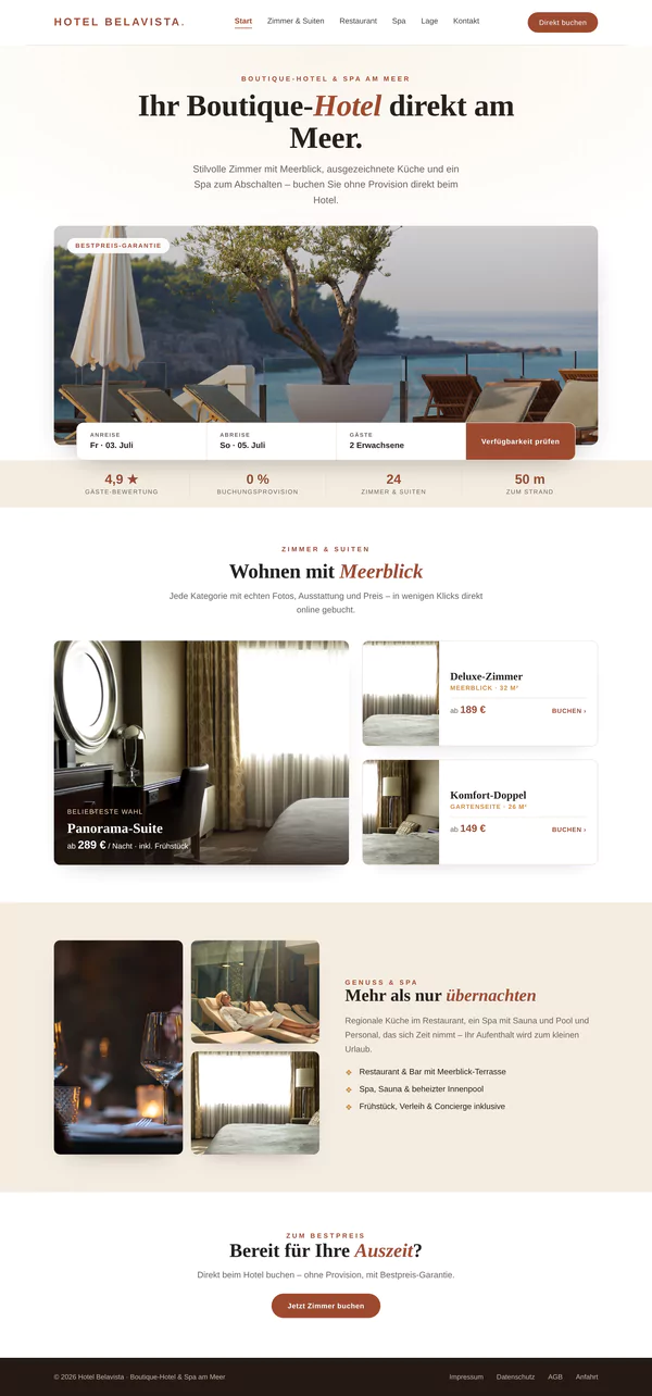 Beispiel-Webdesign für ein Boutique-Hotel: Buchungsstrecke und Zimmer mit Meerblick