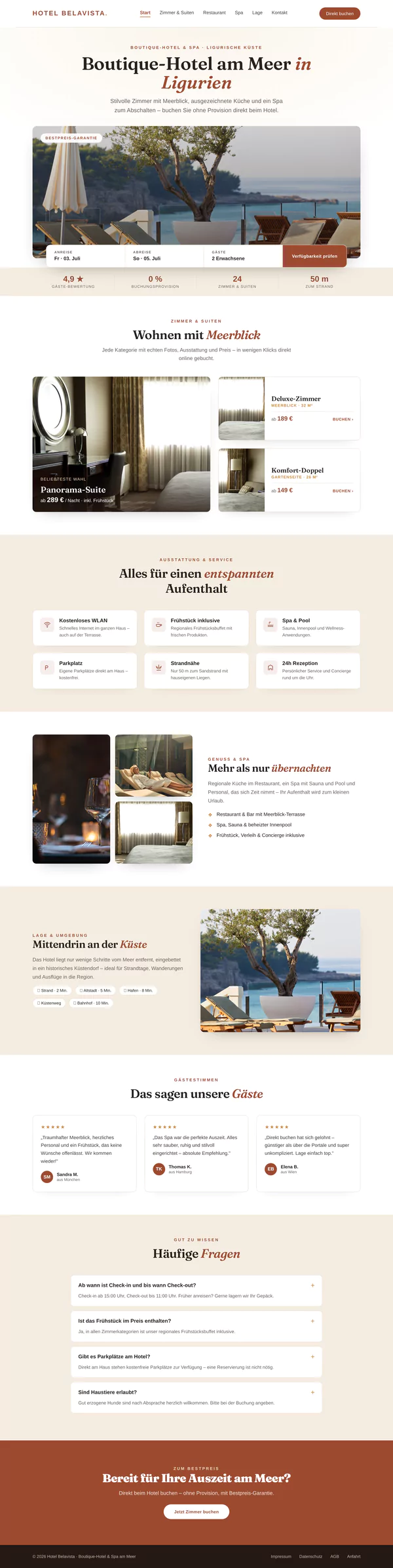 Sample website design for a boutique hotel by the sea: Reservations, Rooms, Amenities, Spa, and Guest Reviews