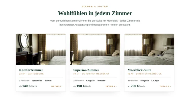 Beispiel-Webdesign Zimmer: Hotelzimmer und Suiten mit Preisen pro Nacht