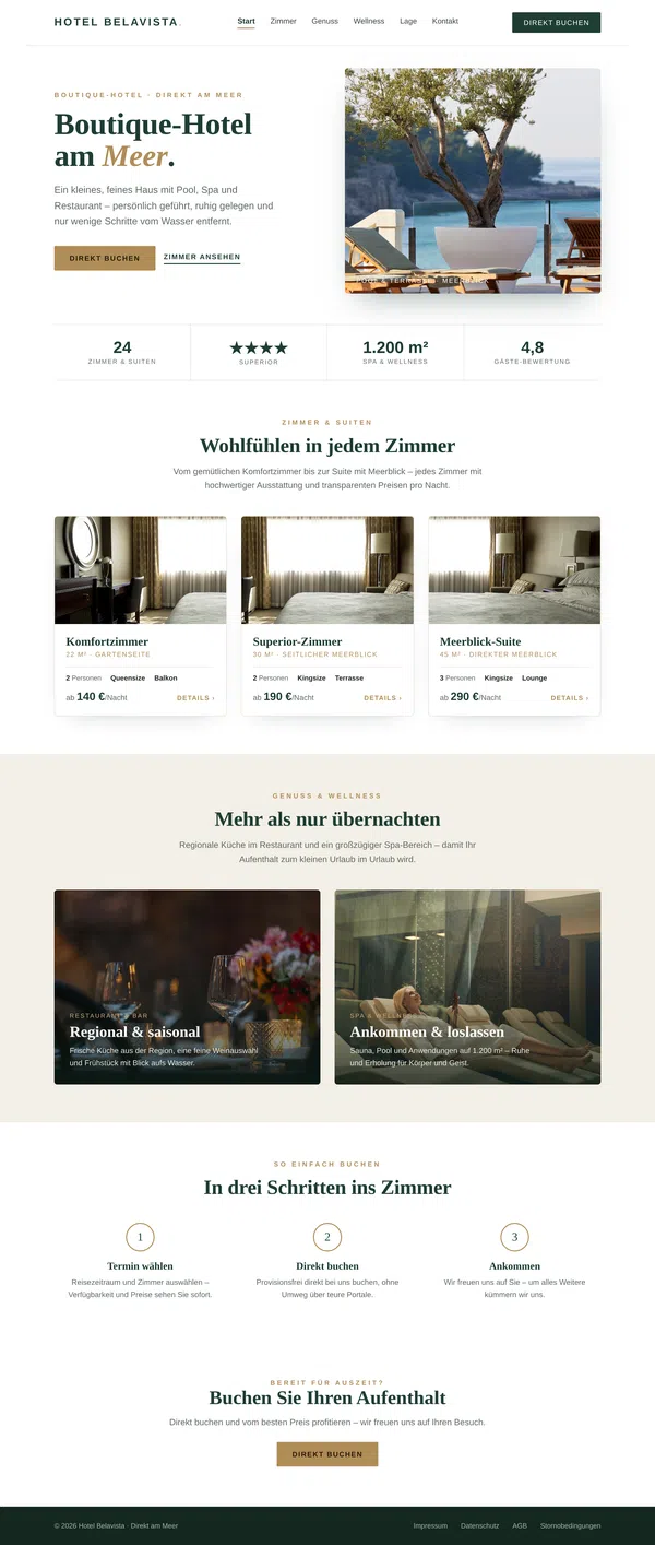 Sample Web Design for a Hotel: Boutique Hotel by the Sea