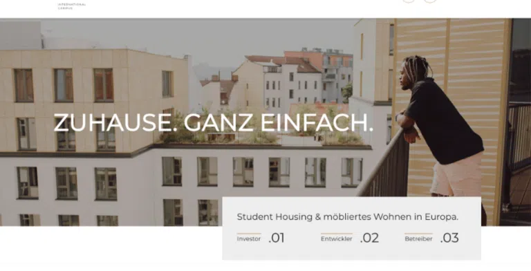 Beispiel-Webdesign Hero: hochwertige Immobilien-Website für Student Housing in Europa