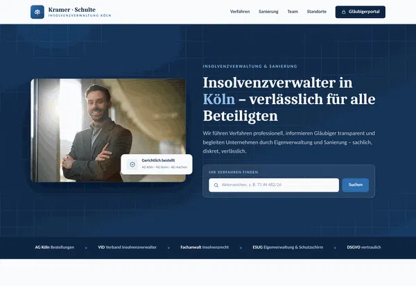 Beispiel-Webdesign Startseite: Insolvenzverwalter-Kanzlei Kramer und Schulte in Köln