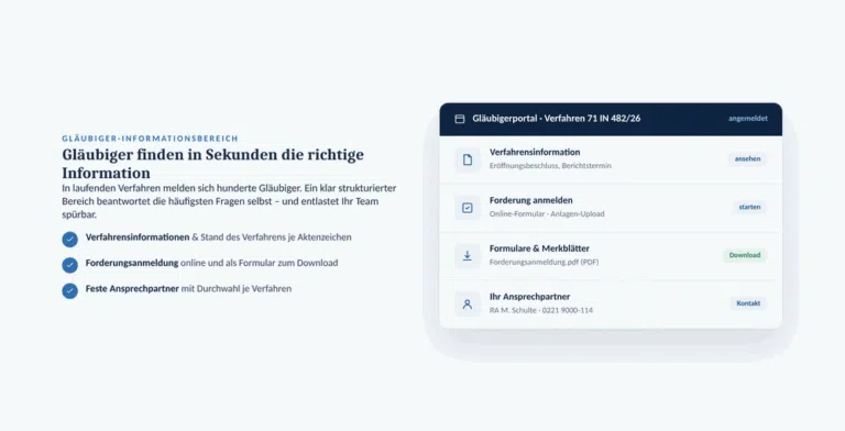 Beispiel-Webdesign Gläubigerbereich: Insolvenzverwalter-Kanzlei in Köln mit Gläubigerportal