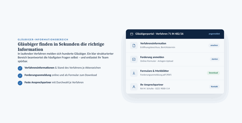 Beispiel-Webdesign Gläubigerbereich: Insolvenzverwalter-Kanzlei in Köln mit Gläubigerportal
