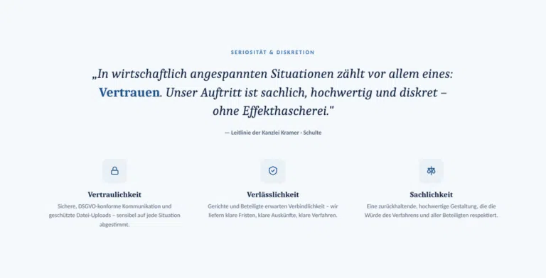 Beispiel-Webdesign Seriosität: vertrauenswürdige und diskrete Insolvenzverwalter-Kanzlei in Köln