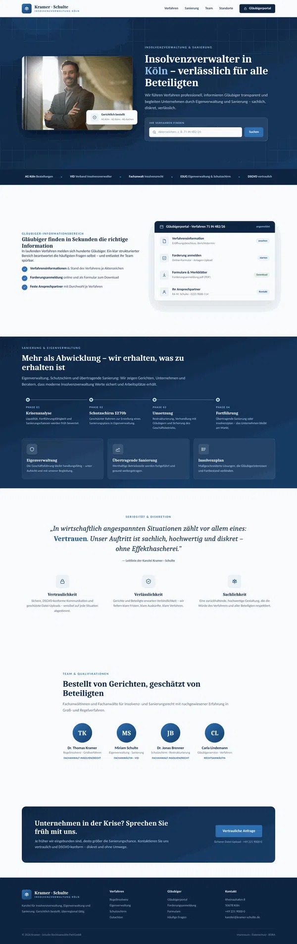 Web Design Mockup: Home Page – Kramer and Schulte Insolvency Law Firm in Cologne