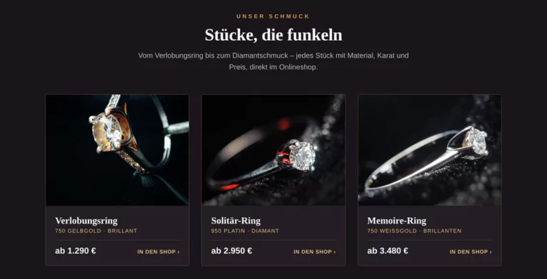 Beispiel-Webdesign Schmuck: Schmuck-Onlineshop mit Ringen und Preisen