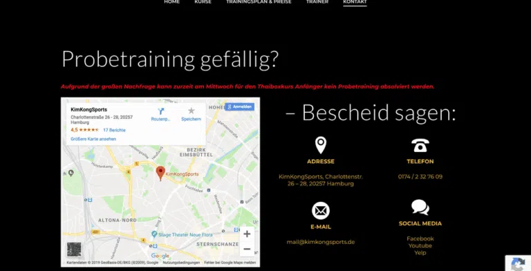 Beispiel-Webdesign Kontakt: Standort und Probetraining-Anfrage einer Kampfsportschule in Hamburg