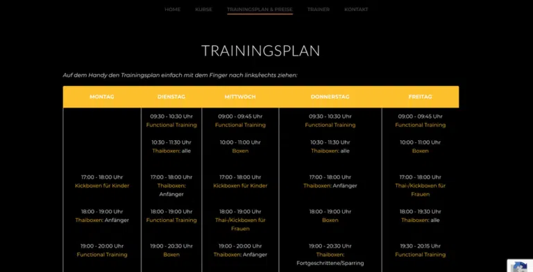 Beispiel-Webdesign Trainingsplan: Wochenplan einer Kampfsportschule in Hamburg