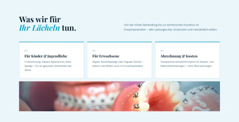 Beispiel-Webdesign: Leistungsübersicht einer Kieferorthopädie-Praxis für Kinder und Erwachsene
