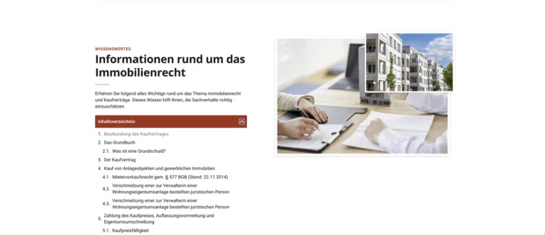 Gut strukturiertes Webdesign für Notare, das komplexe Themen gut aufbereitet