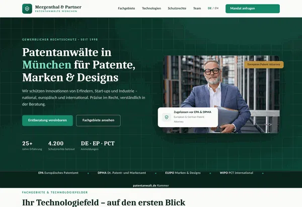Beispiel-Webdesign Startseite: Patentanwaltskanzlei Mergenthal und Partner in München
