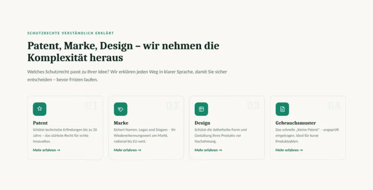 Webdesign-Mockup Schutzrechte: Patente, Marken und Designs einer Patentanwaltskanzlei in München