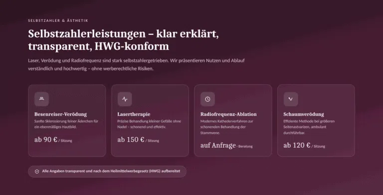Beispiel-Webdesign Selbstzahlerleistungen: HWG-konforme ästhetische Venenbehandlungen einer Praxis in Düsseldorf