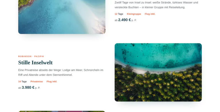 Beispiel-Webdesign Reisen: Reiseangebote mit Terminen und Preisen