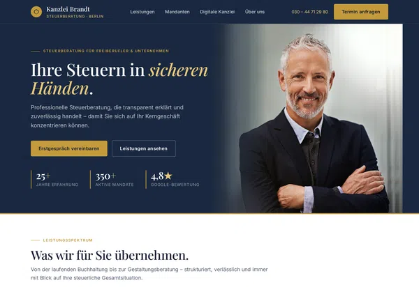 Komplette Webdesign-Startseite für eine Steuerberatungskanzlei