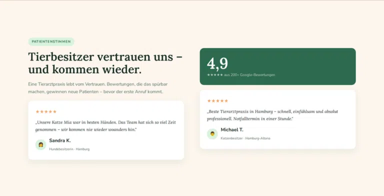 Beispiel-Webdesign: Google-Bewertungen und Patientenstimmen einer Tierarztpraxis