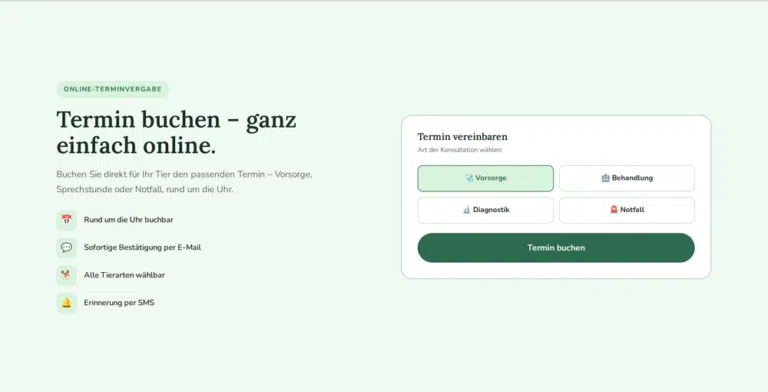 Beispiel-Webdesign: Online-Terminbuchung einer Tierarztpraxis nach Tierart und Anliegen