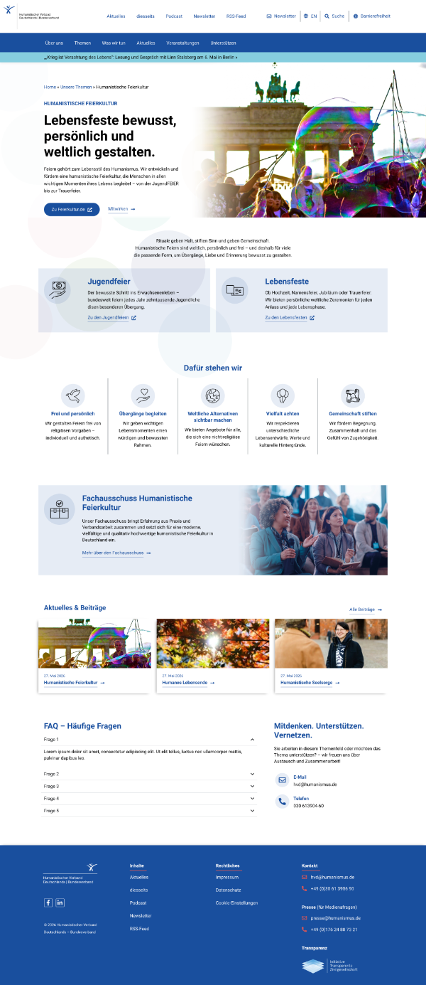 Vollansicht der Website des Humanistischen Verbands mit Navigation und Themenrubriken