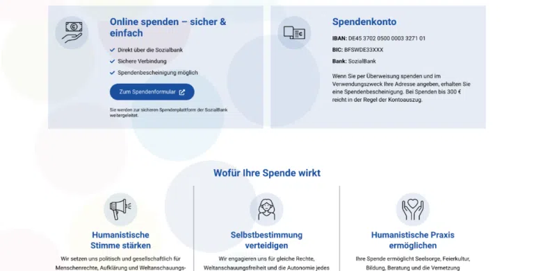 Webdesign für Verbände: Spendenbereich mit Online-Formular, Bankverbindung und Darstellung der Mittelverwendung – „Wofür Ihre Spende wirkt"