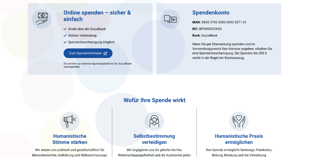 Donation section of an association site with online form, bank details and use of funds