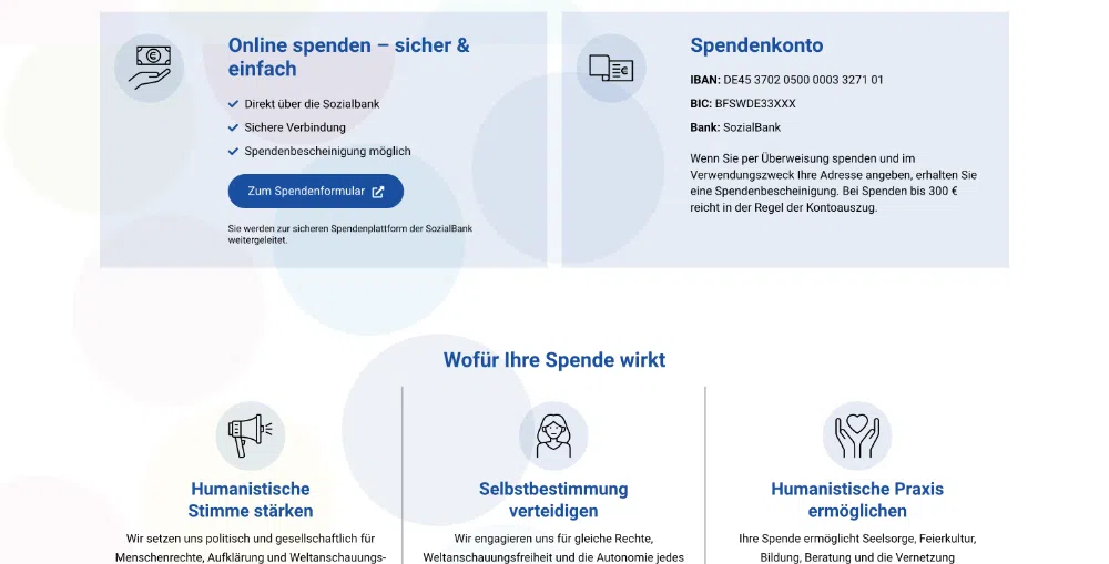 Webdesign für Verbände: Spendenbereich mit Online-Formular, Bankverbindung und Darstellung der Mittelverwendung – „Wofür Ihre Spende wirkt"