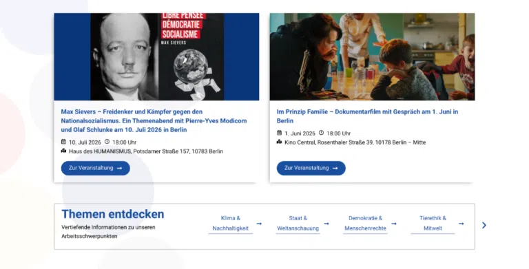 Webdesign für Verbände: Veranstaltungskarten mit Bild, Datum und Ort sowie Themenübersicht mit horizontalem Scroll – strukturierte Kommunikation des Verbandsprogramms