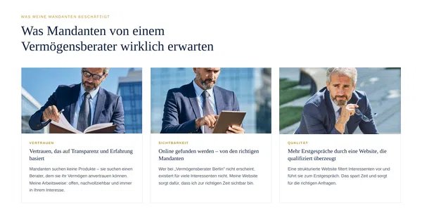 Webdesign Vermögensberater Berlin – Pain-Sektion mit Mandantenerwartungen und Fotos