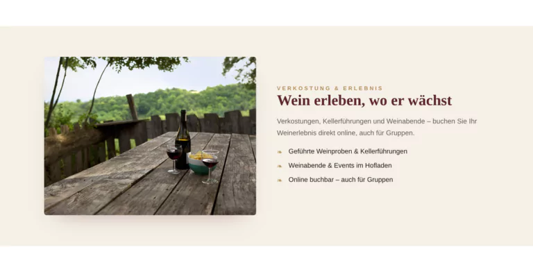 Beispiel-Webdesign Verkostung: buchbare Weinproben und Events eines Weinguts