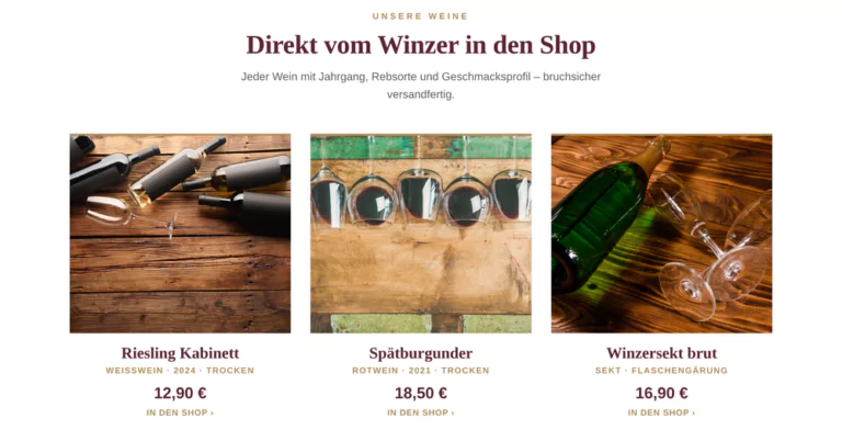 Beispiel-Webdesign Weine: Wein-Onlineshop mit Jahrgang und Preisen