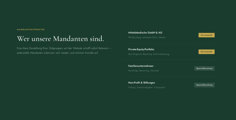 Beispiel-Webdesign: Mandantenstruktur und Schwerpunkte einer Wirtschaftsprüfungsgesellschaft