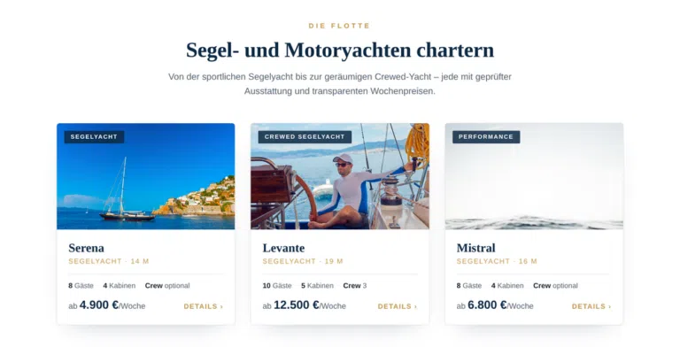 Beispiel-Webdesign Flotte: Segelyachten mit Wochenpreisen im Charter-Onlineshop