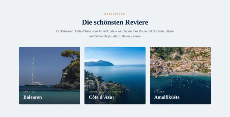 Beispiel-Webdesign Reiseziele: Mittelmeer-Reviere eines Yachtcharters