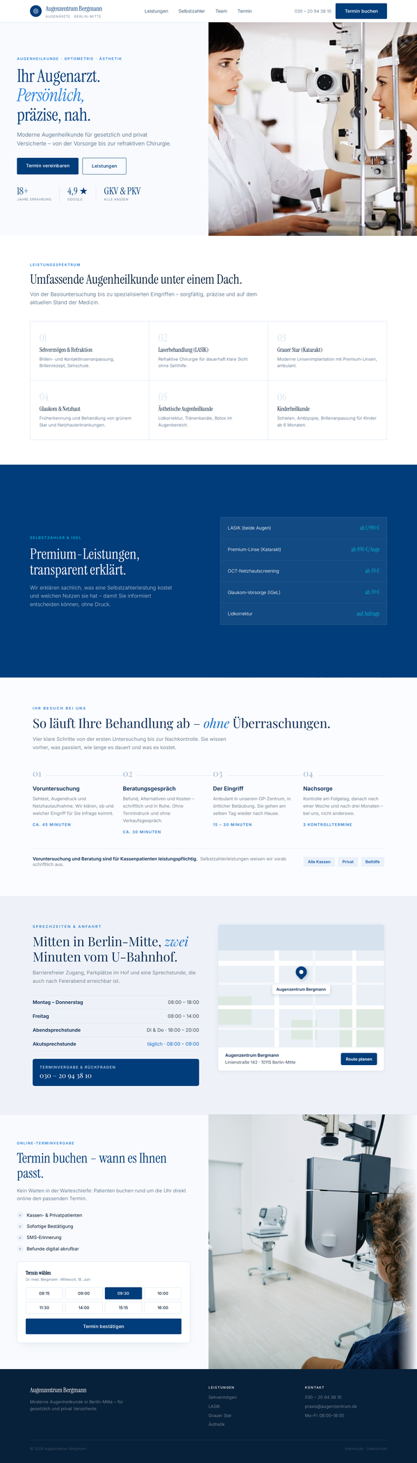 Mockup einer Website für eine Augenarztpraxis mit Behandlungsablauf, Sprechzeiten und Anfahrt