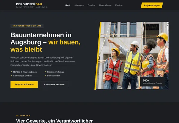 Web Design Example - Full View: Website of a Construction Company in Augsburg