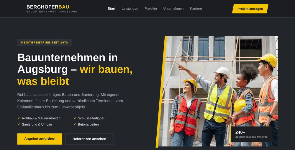 Beispiel-Webdesign Startseite: Bauunternehmen mit Gewerke-Übersicht in Augsburg